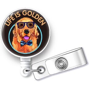 Hafhue Life is Golden Golden Retriever Retractable Badge Reel with Alligator Clip Funny Badge Gift for Office Worker Boss Coworkers Nurse Doctor Occupational Therapist Firefighters Engineers