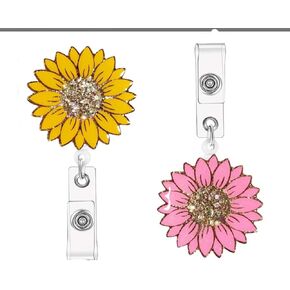 2Pcs Yellow and Pink Sunflower Badge Reels Retractable Holder Clip with Alligator Clip Nylon Cord ID Badge Reel for Women Nurse Badge Holder, Belt Clip Labels Stamps, Badge Holders