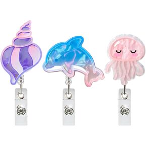 3PCS Marine Animal Badge Reel, Retractable Badge Holder Clip, Ocean Series Jellyfish, Dolphins & Conch Nurse Name Badge Reel, 360Rotation for Nurses Doctor