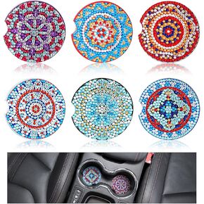 6 PCS Diamond Painting Car Coasters with Cork Base DIY Mandala Coasters مجموعات اللوحات الماسية مع الإمدادات الحرفية الفنية للبالغين للبالغين.