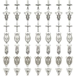 60pcs Antique Silver Tibetan Style Rosary Cross and Center Miraculous Medal with Alloy Crucifix Cross Pendants and Oval Chandelier Links for Rosary Holy Beads Necklace Making M154