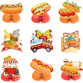 9 أجهزة كمبيوتر Hot Dog Honeycomb مركزية ديكورات الجدول الساخن الجدول Topper للوجبات السريعة للوجبات الساخنة للحفل