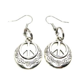 BEACH HEMP JEWELRY Peace Sign Earrings Silver Charm Dangles for Women Teen Girls Handmade In USA