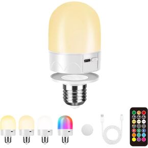 USB Rechargeable Light Bulb With Remote Control, E26 Battery Operated Light Bulb for Lamps RGB Color Changing Bulb 12 Color Temperature Dimmable 3 Timers Cordless magnetic Night Light, 800Lm,2 PACK