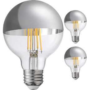 TORCHSTAR Dimmable Half Chrome Light Bulb, 7W (75W Eqv.), Anti Glare LED Light Bulbs, UL Listed, E26 Silver Dipped Bulb, G25 Globe Light Bulbs for Bathroom, Vanity, Mirror, 3000K Warm White, Pack of 3