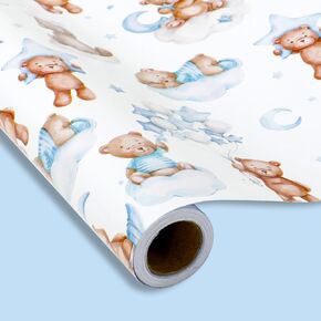 Fysuimu Bear Wrapp Paper-Mini Roll- 17in × 32.8 قدمًا أزرقًا بالألوان المائية.