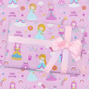 Little Princess Birthday Wrapping Paper for Girls Kids Baby Child, Lovely Pink Princess Castle Theme Gift Wrapping Paper for Birthday Baby Shower with Pink Ribbon 4 Sheets Folded Flat