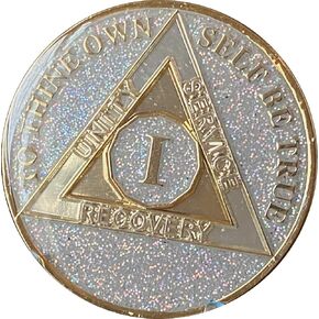 1 Year AA Medallion Silver Opal Glitter Multi-Color Sobriety Chip