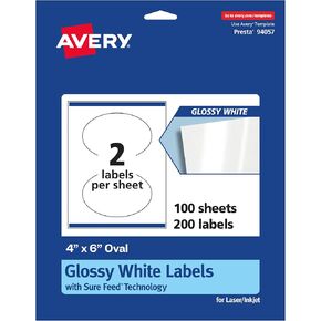 Avery Glossy White Oval Labels with Sure Feed, 4" x 6", 50 Glossy White Labels, Print-to-The-Edge, Permanent Label Adhesive, Laser/Inkjet Printable Labels