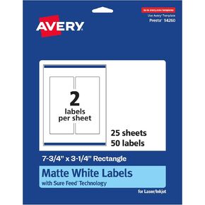 Avery Matte White Rectangle Labels with Sure Feed, 7.75" x 3.25", 50 Matte White Printable Labels