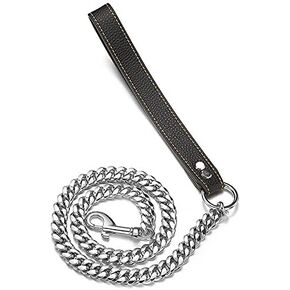 3/4/5/5 أقدام سلسلة الكلاب القوية مقود الفضة كوبية الرابط التدريب عرض المقود 10 مم/14 ملم مضغ المقاومة مضغ المقاومة مضغ المقبض مع مقود جلدي أصلي للكلاب كبيرة ومتوسطة كبيرة (14 ملم ، 3 أقدام) in Kuwait