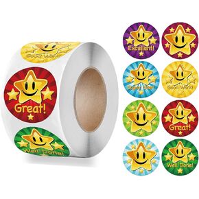 500pcs 1 بوصة ملصقات مكافأة النجوم لفة ، مكافأة المعلم ملصق تحفيزي للأطفال الطالب ، ملصقات الملصقات ذاتية اللصق مع 8 تصميم لمدرسة الآباء والأمهات للمعلمين