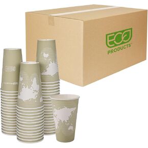 ECO PRODUCTS Compostable Disposable World Art 16oz Large Coffee Cups, Case of 1000, Renewable Hot Paper Cup, Plant Based PLA Lining, Color Coded