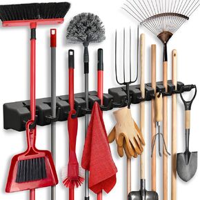 HOME IT Mop And Broom Holder - Garage Storage Systems with 5 Slots, 6 Hooks, 7.5lbs Capacity Per Slot - Garden Tool Organizer For 11 Tools - For Home, Kitchen, Closet, Laundry Room - Off-White