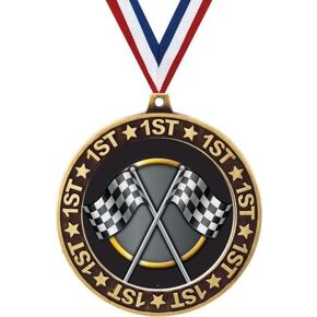 Racing 1st Place Perimeter Medal Gold, 2.75" Checkered Flags Race Prizes, Kids Car Racing Trophy Medal Awards Prime