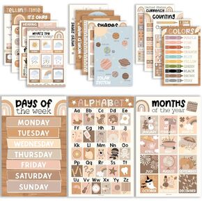 16 Boho Preschool Classroom Posters - Educational Posters For Toddlers 1-3, Toddler Learning Posters, Homeschooling Supplies, Alphabet Poster For Toddlers, Days Of The Week Poster For Kids Posters
