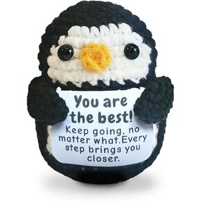 Hand Knitted Penguin Plush Toy with Inspirational Cards - Soft Crochet Stuffed Animal for Anxiety Relief, Cute Desk Decor Gift for Adults (Style A)