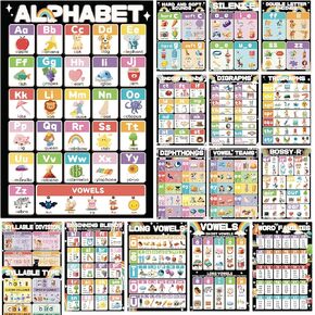 Yiydong 16 Phonics Posters for Classroom - ملصقات التعلم لـ Sound Phonics Digraphs تمزج بين أنواع المقطع المقطع الصوتية أصوات العلة لرياض الأطفال ، الابتدائية ، لوازم المنزل - الأسود