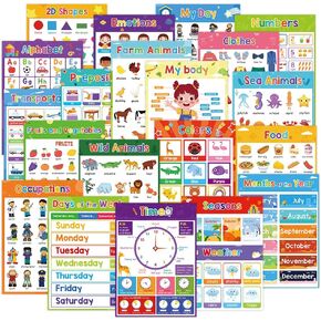 Zwttey 20 Themes/Set English Words Learning Worksheets Poster of Animals Fruits Food Body Teaching Aids Classroom Decora Kids Toddlers Kindergarten Supplies A4 Size 11.22X8.26 Inch