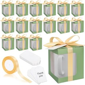 Whaline 24pcs Sage Green Mug Gift Joxes with Tag Ribbon Sublimation Mug Boxes with Window Paper Hights Backing for Blanks 11 oz و 12 أوقية و 15 أوقية.