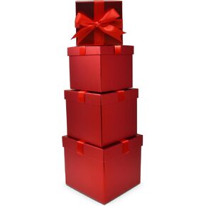 بوتيك الهدايا - عيد الميلاد تعشش صناديق الهدايا Square 4 Pack Red Foil with Ribbon Bow Xmas Cacked Gift مع أغطية في 4 أحجام متنوعة لتقديم الهدايا التي تعطي هدايا زخرفية للعطلات الحالية