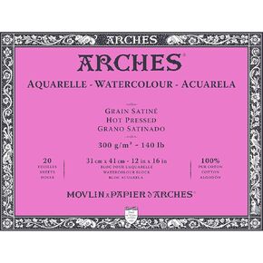 Arches Aquarelle - كتلة من 20 ورقة 31 × 41 سم ملتصقة على 4 جوانب 300 جم/م 2 من ساتان ، بيضاء طبيعية ، 4 حواف حرة