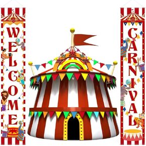 Blulu 2 PCS Carnival Decoration Porch Lanner مرحبًا بك في Circus Door Bannival Carnival Hanging Decoration Circus Porch Sign
