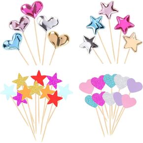 30 PCS Glitter Heart Cupcake Toppers Colorful Cake Decoration Heart and Star Cake Toppers Cute Party Decoration for Birthday and Baby shower (Bright)