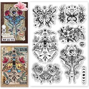 CHGCRAFT Moth Flowers Clear Stamps Moon Phase Silicone Stamps Craft Stamps for Journaling Card Making DIY Scrapbooking Handmade Photo Album Notebook