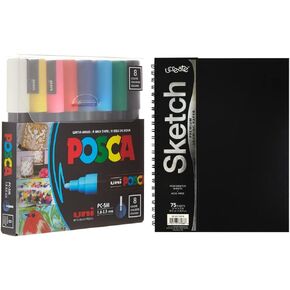 8 علامات الطلاء Posca ، علامات 5 أمتار متوسطة مع نصائح عكسية ، مجموعة العلامات من الأقلام الطلاء الاكريليك | Posca Pens for Art Supplies ، طلاء النسيج ، علامات النسيج ، قلم الطلاء ، علامات فنية وكتاب رسم Poly Poly ، الوزن الثقيل ، 9 "× 12" ، أسود ، 75 ورق