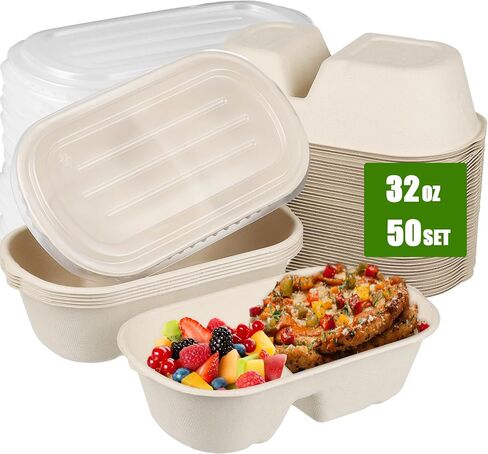 TINSKY 50 Pack Meal Prep Containers 32 Oz Paper Bowls with Lids Large Deep Rectangle Disposable Food Containers for Burrito, Nacho, Salad, Pasta in Saudi Arabia