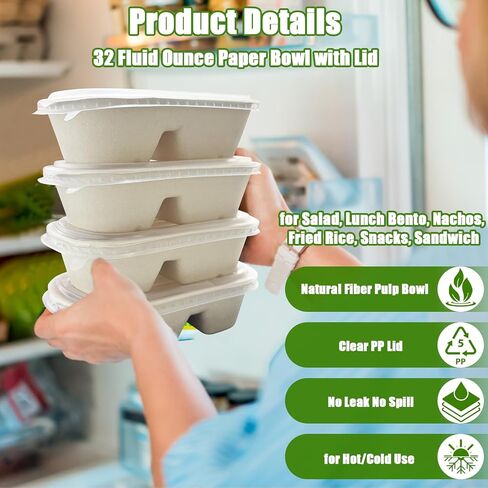 TINSKY 50 Pack Meal Prep Containers 32 Oz Paper Bowls with Lids Large Deep Rectangle Disposable Food Containers for Burrito, Nacho, Salad, Pasta in Saudi Arabia