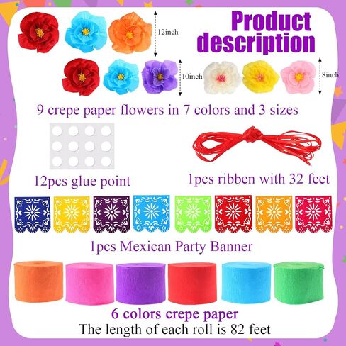 TaoBary 16 Pcs Mexican Paper Flowers Mexican Party Decorations Streamer Backdrop and Papel Picado Banner Mexico Fiesta Party Decorations Supplies Set for Cinco De Mayo Party Wedding(Classic Style) in Kuwait