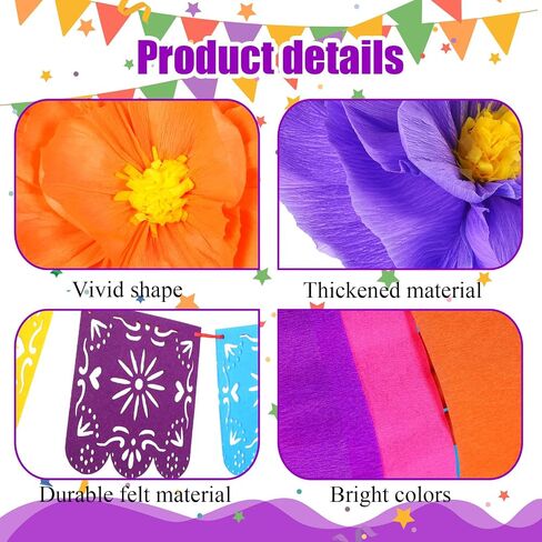 TaoBary 16 Pcs Mexican Paper Flowers Mexican Party Decorations Streamer Backdrop and Papel Picado Banner Mexico Fiesta Party Decorations Supplies Set for Cinco De Mayo Party Wedding(Classic Style) in Kuwait
