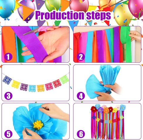 TaoBary 16 Pcs Mexican Paper Flowers Mexican Party Decorations Streamer Backdrop and Papel Picado Banner Mexico Fiesta Party Decorations Supplies Set for Cinco De Mayo Party Wedding(Classic Style) in Kuwait