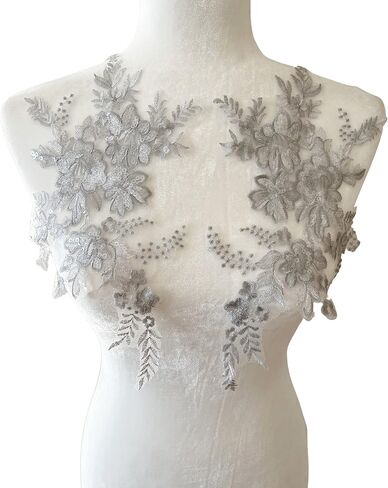 PEPPERLONELY 1 Pair Lace Sequin Flower Sew on Embroidered Lace Applique Wedding Dress Bride's Headdress Adornment DIY Patch Clothing Accessories, 14 x 9 Inches - Silver Gray in Saudi Arabia