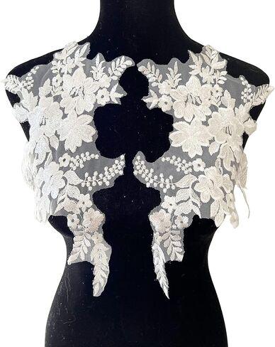 PEPPERLONELY 1 Pair Lace Sequin Flower Sew on Embroidered Lace Applique Wedding Dress Bride's Headdress Adornment DIY Patch Clothing Accessories, 14 x 9 Inches - Silver Gray in Saudi Arabia