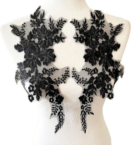 PEPPERLONELY 1 Pair Lace Sequin Flower Sew on Embroidered Lace Applique Wedding Dress Bride's Headdress Adornment DIY Patch Clothing Accessories, 14 x 9 Inches - Silver Gray in Saudi Arabia