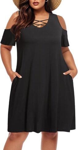 Pinup Fashion Women's Plus Size Sun Dress Cold Shoulder Casual T-Shirt Knee Length Sundresses with Pockets in Kuwait