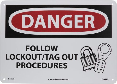 NMC D535RB OSHA Sign, Legend "DANGER - FOLLOW LOCKOUT/TAG OUT PROCEDURES" with Graphic, 14" Length x 10" Height, Rigid Plastic, Black/Red on White in Kuwait