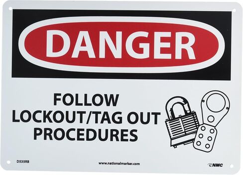 NMC D535RB OSHA Sign, Legend "DANGER - FOLLOW LOCKOUT/TAG OUT PROCEDURES" with Graphic, 14" Length x 10" Height, Rigid Plastic, Black/Red on White in Kuwait