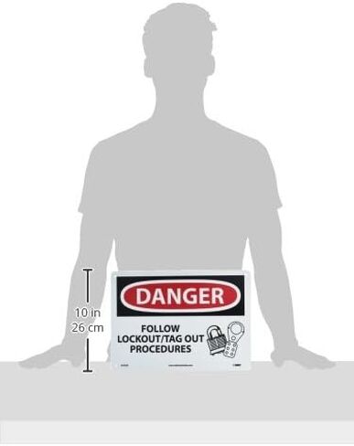NMC D535RB OSHA Sign, Legend "DANGER - FOLLOW LOCKOUT/TAG OUT PROCEDURES" with Graphic, 14" Length x 10" Height, Rigid Plastic, Black/Red on White in Kuwait