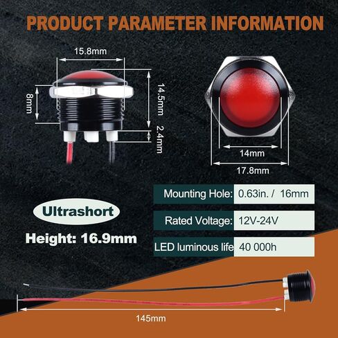2pcs 16mm 110vac 125vac مؤشر المعادن مؤشر الضوء 20mA مقاوم للماء IP67 مصباح واحد LED مصباح تجريبي مرفوع مع الأسلاك للأجهزة المنزلية ، DIY ، (LED أحمر) قذيفة أسود مخطوطة in Saudi Arabia