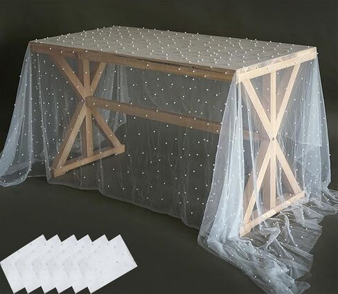 Set of 2 Table Runner 10ft Wedding Veil White Dessert Tablecloth Chiffon Tulle Pearl Lace Boho Glitter Table Sequins Overlay Wedding Aisle Runner Denim and Diamonds Party Decorations Doilies in Saudi Arabia