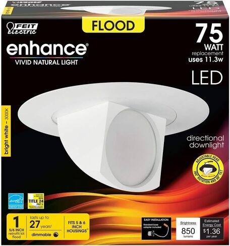 Feit Electric 5-6 inch Adjustable Scoop Recessed LED Downlight, Selectable Colors, Dimmable, 75W Equivalent, 45 Year Life, 540 Lumen, High CRI, LEDR56SCP/6WYCA in Saudi Arabia