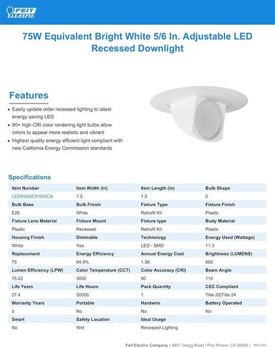 Feit Electric 5-6 inch Adjustable Scoop Recessed LED Downlight, Selectable Colors, Dimmable, 75W Equivalent, 45 Year Life, 540 Lumen, High CRI, LEDR56SCP/6WYCA in Saudi Arabia