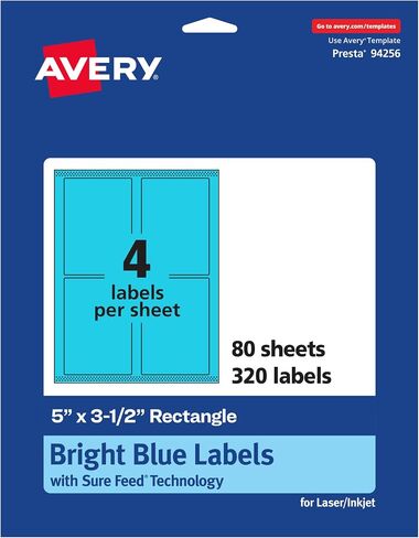 Avery Printable Rectangle Labels with Sure Feed Technology, 5" x 3-1/2", Bright Blue Labels, Laser/Inkjet, 320 Total, Great for Shipping Labels and Packaging Labels in Saudi Arabia