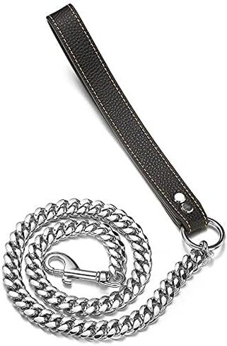 3/4/5FT Strong Dog Chain Leash Silver Cuban Link Training Leash Width 10mm/14mm Waterproof Chew-Proof Stainless Steel with Genuine Leather Handle Leash for Small, Medium Large Dogs(14mm,3FT) in Kuwait