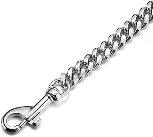 3/4/5FT Strong Dog Chain Leash Silver Cuban Link Training Leash Width 10mm/14mm Waterproof Chew-Proof Stainless Steel with Genuine Leather Handle Leash for Small, Medium Large Dogs(14mm,3FT) in Kuwait