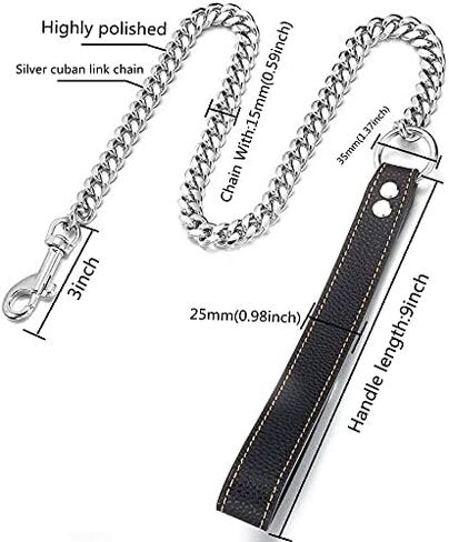 3/4/5FT Strong Dog Chain Leash Silver Cuban Link Training Leash Width 10mm/14mm Waterproof Chew-Proof Stainless Steel with Genuine Leather Handle Leash for Small, Medium Large Dogs(14mm,3FT) in Kuwait